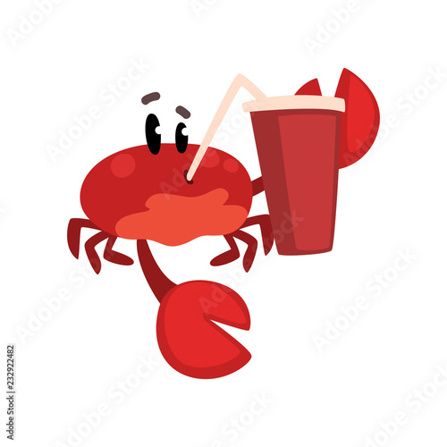 Crab character with paper cup of soda drink with straw, cute sea creature with funny face vector Illustration on a white background