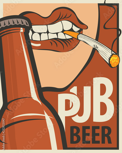 Vector banner for beer pub. Flat illustration in retro style with bottle of beer and human mouth with a cigarette in his teeth