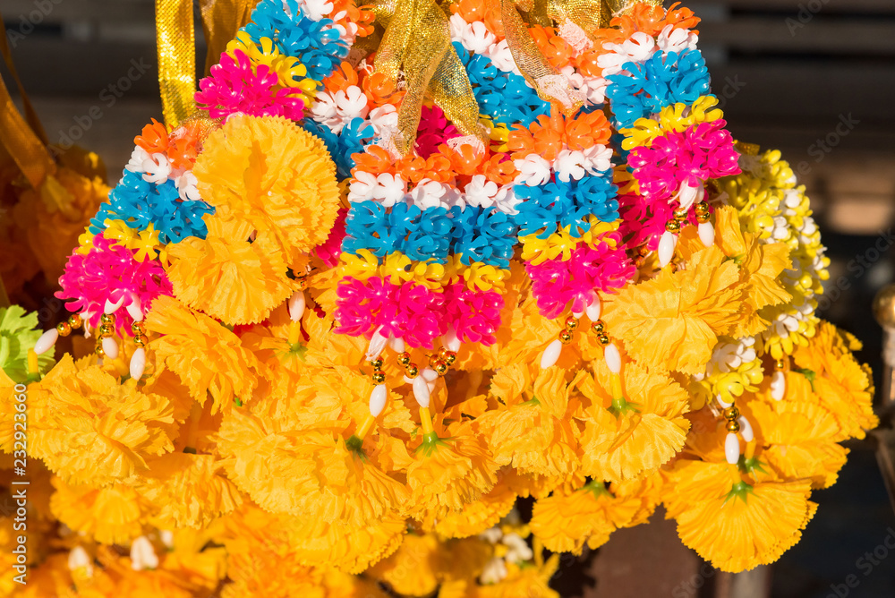 Colorful marigold flower garlands for the worship of the sacred.