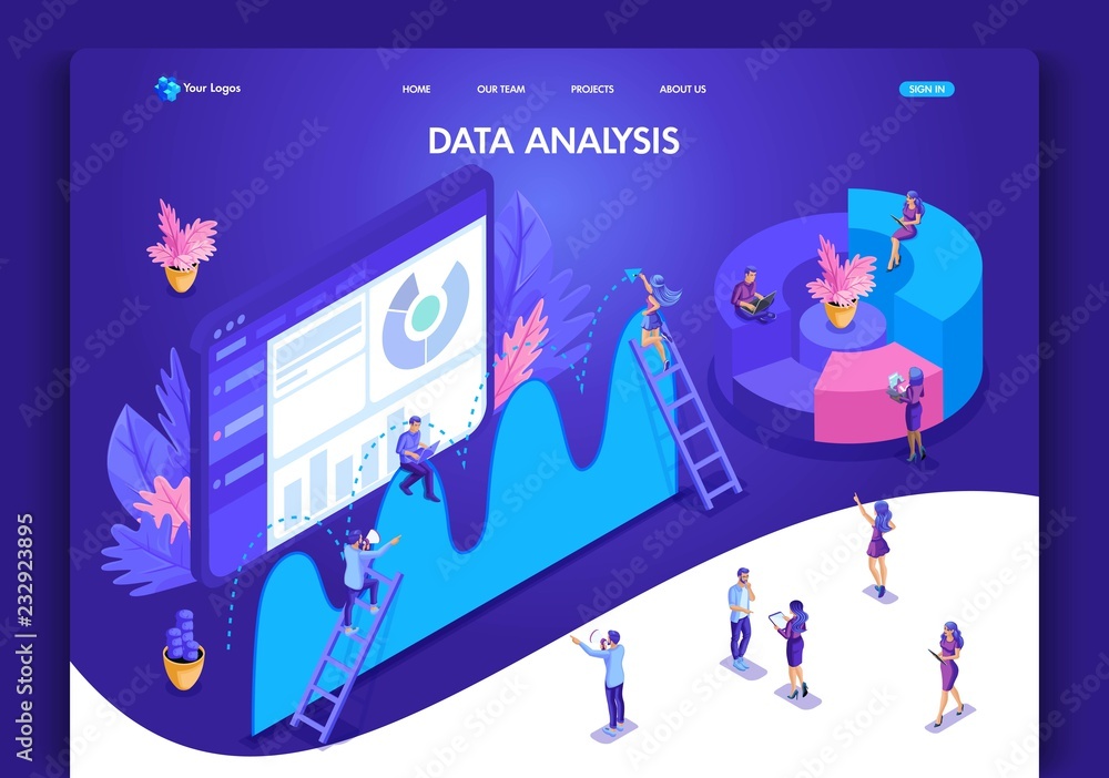 Website template design. Isometric concept for landing page. Data analysis concept with characters. Easy to edit and customize, ui ux Website template design. Isometric concept for landing page. Data analysis concept with characters. Easy to edit and customize, ui ux