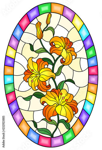 Fototapeta Naklejka Na Ścianę i Meble -  Illustration in stained glass style flower of orange lily on a yellow background in a bright frame,oval  image