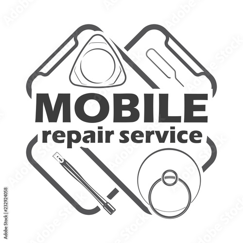 Mobile repair service logotype and badge on white background, monochrome style, vector 
