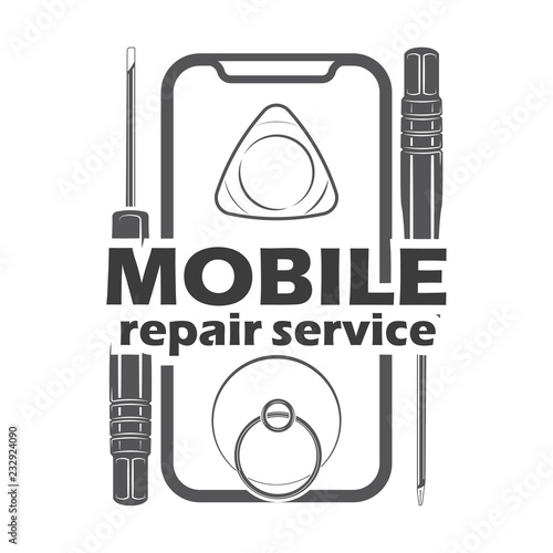 Mobile repair service logotype and badge on white background, monochrome style, vector 
