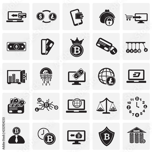 Crypto and electron money set on squares background icons