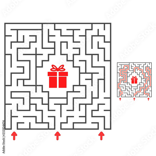 Abstract square maze. Find the path to the gift. Game for kids. Puzzle for children. Labyrinth conundrum. Flat vector illustration isolated on white background. With answer.
