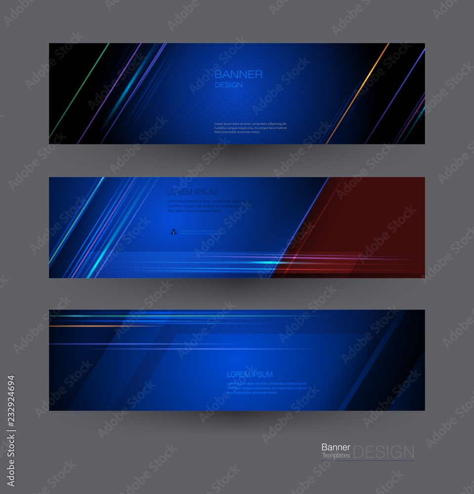 Abstract banners set with image of speed movement pattern and motion blur over dark blue color. Science, futuristic, energy technology concept. Vector background for web banner template or brochure