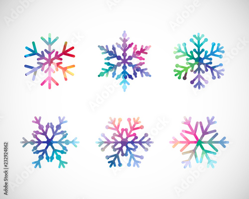 Set of snow flakes. Blue red pink ice, coloured xmas icons. Isolated cut seasonal symbols, trendy glittering glass on black and white backdrop. Elegant abstract idea, arts and graphic design template.