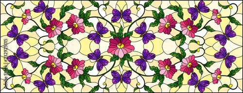 Illustration in stained glass style with abstract curly pink flower and a purple  butterfly on yellow background , horizontal image photo