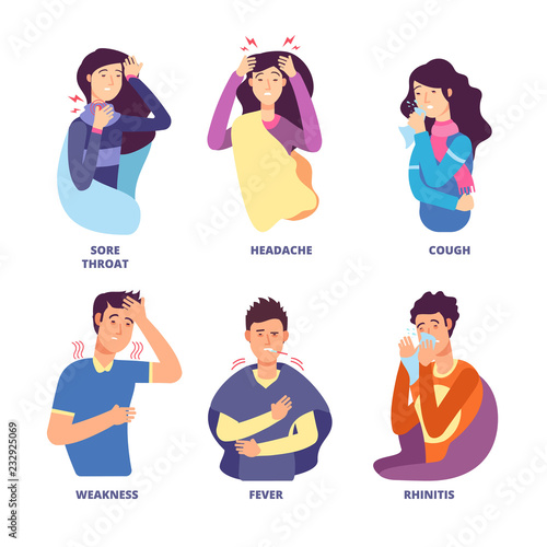 Flu symptoms. People demonstrating cold sickness. Fever cough, snot chills, dizziness. Vector characters for flu prevention poster. Fever and cold, flu and dizzy illustration