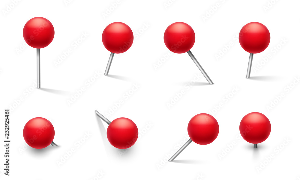 Push pins. Metal pin with plastic round red knob, thumbtack in