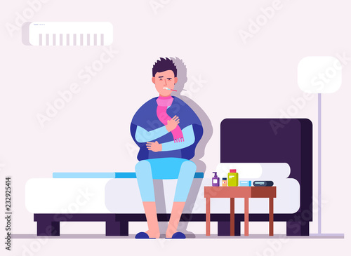 Man having cold or flu. Winter illness, sick person, patient with thermometer. Flu virus prevention vector medical concept. Patient sick, cold and flu, ill and fever, man with thermometer illustration
