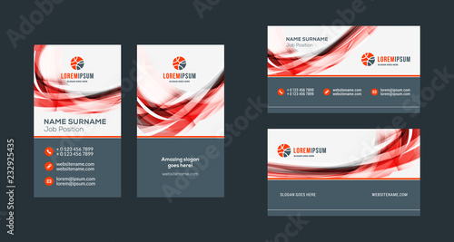 Double-sided creative business card template. Portrait and landscape orientation. Horizontal and vertical layout. Red and black color theme. Vector illustration