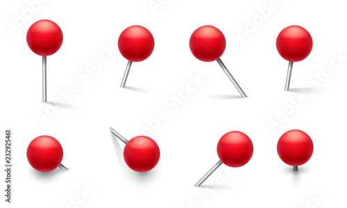Push pins. Metal pin with plastic round red knob, thumbtack in different pushing angles. 3d vector school pushpin isolated set. Needle attach, thumbtack metal, pushpin tool illustration