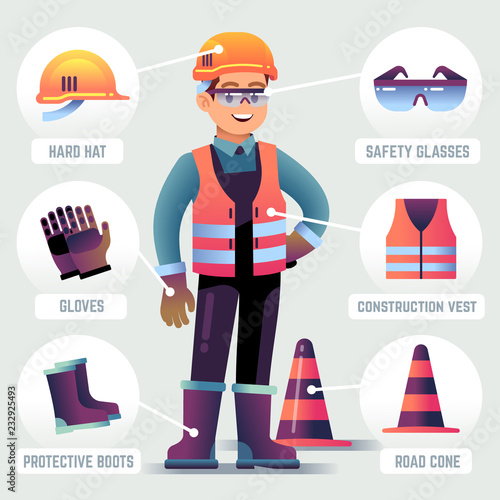 Worker with safety equipment. Man wearing helmet, gloves glasses, protective gear. Builder protection clothing PPE vector infographic. Worker safety helmet, equipment for work protection illustration