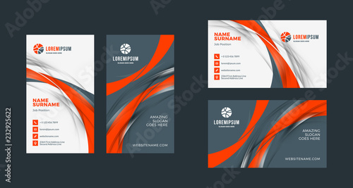 Double-sided creative business card template. Portrait and landscape orientation. Horizontal and vertical layout. Red and black color theme. Vector illustration