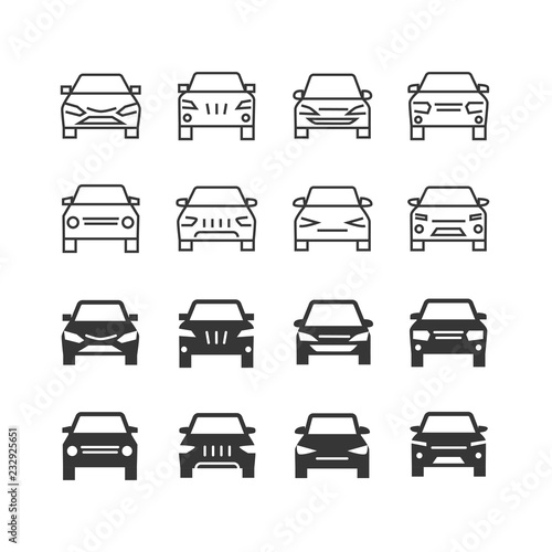 Autos front view line and silhouette vector icons. Illustration of auto vehicle front, automobile and car outline