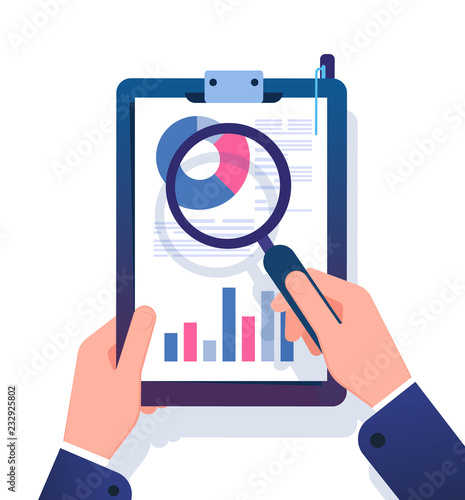 Business report concept. Businessman researching financial office document with magnifying glass. Data analysis vector illustration. Analysis marketing data, report document