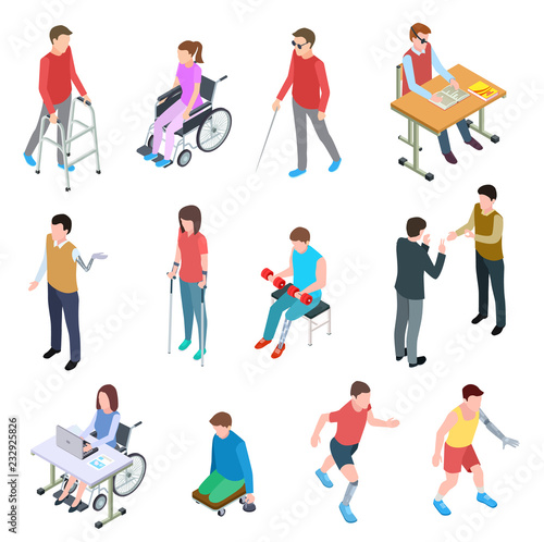 Disabled people isometric. Persons with injury in wheelchair, with prosthetic limbs, blind and elderly people. Vector isolated set. Illustration of people disabled in wheelchair, person prosthetic