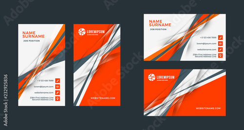 Double-sided creative business card template. Portrait and landscape orientation. Horizontal and vertical layout. Red and black color theme. Vector illustration