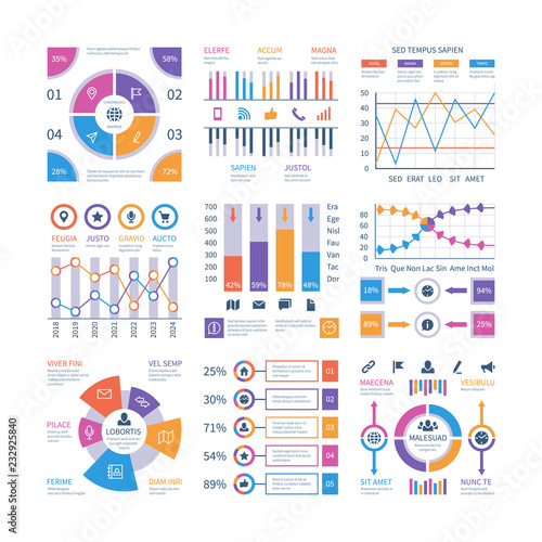 Infographics elements. Flow infograph, process chart timeline, step diagram organization graphic. Presentation infographic vector set. Illustration of chart and diagram info, business graph