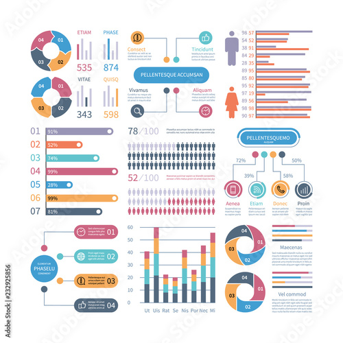 Infographic graphs. Business chart process infochart diagram option flowchart with people icons. Vector financial infographics elements. Illustration of flowchart process, graph and diagram