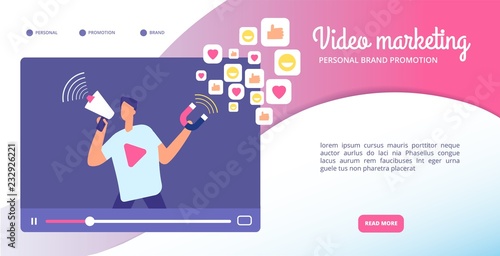 Video marketing concept. Online advertising, streaming vlog and motion graphics. Social media market vector web banner. Illustration of marketing video, internet information and vlog promotion