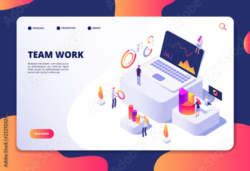 Team work concept. People work with finance charts and graphs. Business data analysis and optimization. Landing web page vector design. Business teamwork page with graphic chart illustration