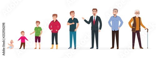 Man in different ages. Newborn boy teenager, adult man elderly person. Growth stages, people generation. Vector cartoon characters. Illustration of people character male growing and generation
