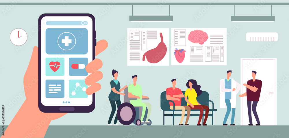 Medical app. Healthcare mobile phone application. Patient and nurse in doctor waiting room in hospital. Vector concept of smartphone app and medical hospital illustration Medical app. Healthcare mobile phone application. Patient and nurse in doctor waiting room in hospital. Vector concept of smartphone app and medical hospital illustration