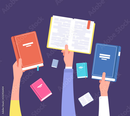 Hands holding books. Public library, literature and readers. Education and knowledge vector concept. Illustration of hand with book, open and read