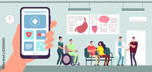 Medical app. Healthcare mobile phone application. Patient and nurse in doctor waiting room in hospital. Vector concept of smartphone app and medical hospital illustration