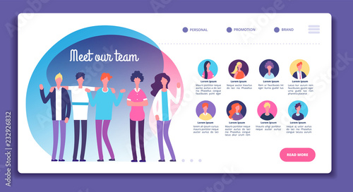Our team page. Staff organization structure. About us webpage with professional avatars, male female bright faces. Vector template. Business team and teamwork page website illustration