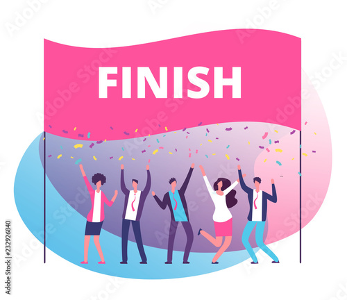 Success reach goal concept. Business persons celebrating victory at finish line. Compete in business motivation vector poster. Triumph business team in competition illustration