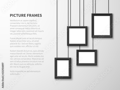 Blank hanging frames. Pictures, photo frames on light wall. Contemporary vector interior. Illustration of interior wall banner with picture frame