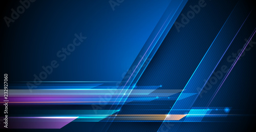 Vector Abstract, science, futuristic, energy technology concept. Digital image of light rays, stripes lines with blue light, speed and motion blur over dark blue background