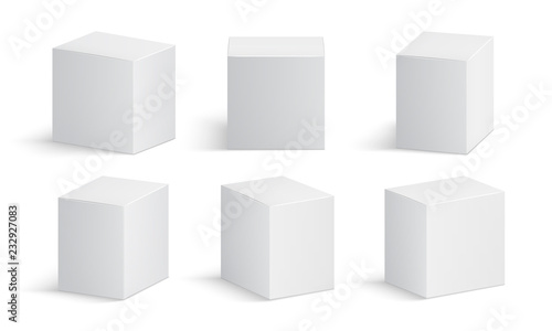 White box. Blank medicine package. Medical product cardboard boxes 3d vector isolated mockup. Product mockup package box illustration
