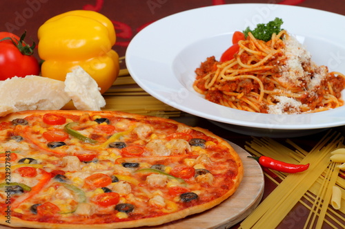 pasta and pizza with tomato sauce