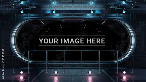 Dark spaceship interior with large window view 3D rendering