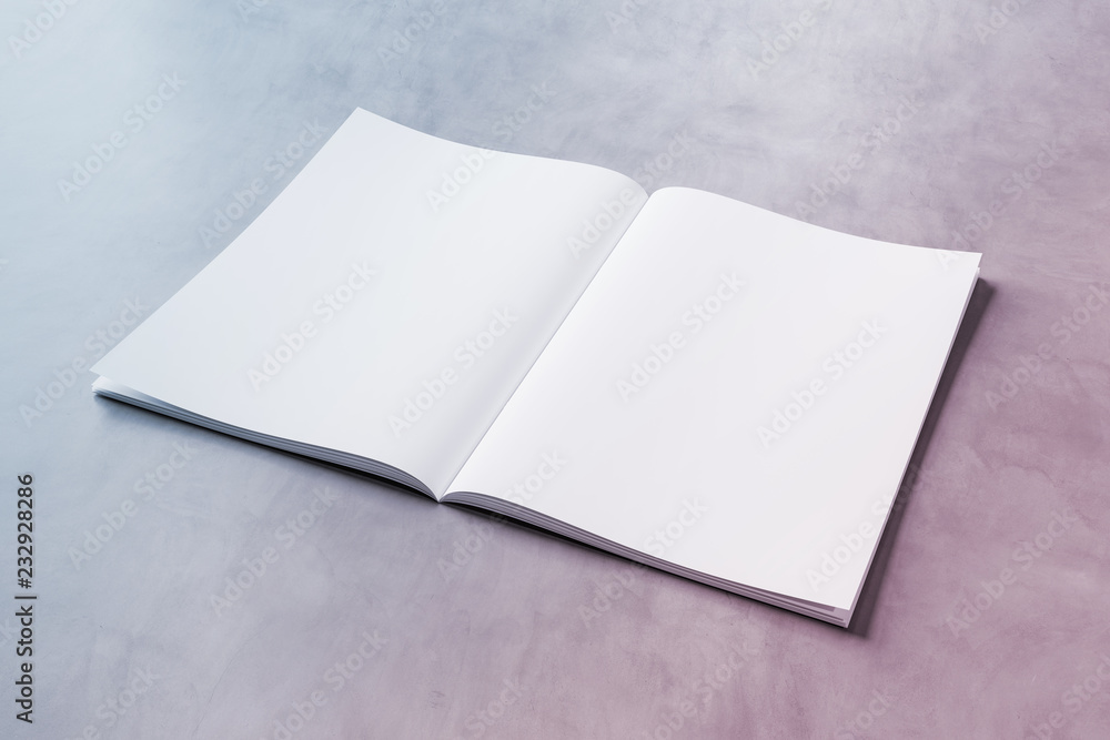 White open magazine mockup on concrete 3D rendering White open magazine mockup on concrete 3D rendering