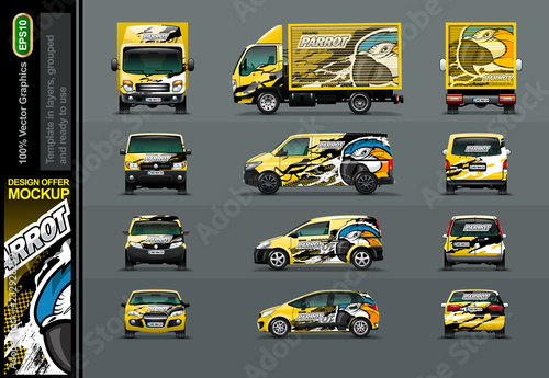 Parrot head in an abstract composition. Layout offers for your business. Mockup in layers and ready to use.