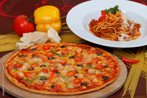 pasta and pizza with tomato sauce