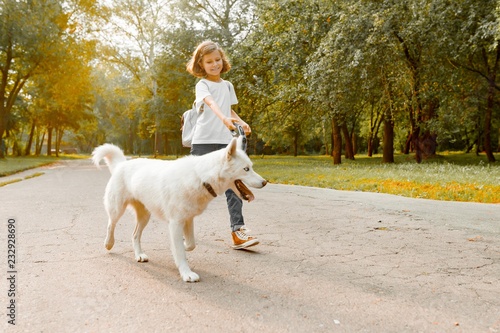 Children teenagers boy and girl walking on the road in the park with a white dog husky