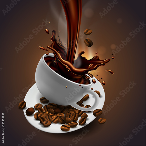 Cup of coffee, coffee beans and splash effect,  high detailed realistic transparent  illustration.