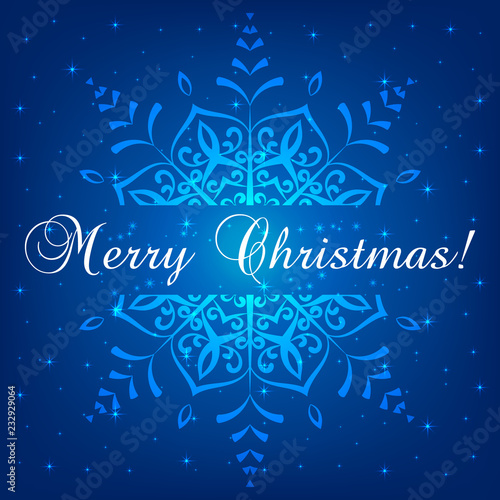 Abstract snowflake, greeting card design with lettering Merry Christmas on blue background, vector illustration .