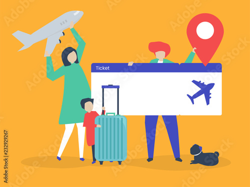 Cheerful family travel by plane together