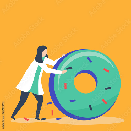 Character of a woman rolling a giant donut illustration