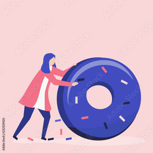 Character of a woman rolling a giant donut illustration