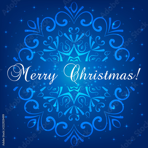 Abstract snowflake, greeting card design with lettering  Merry Christmas on blue background, vector illustration .