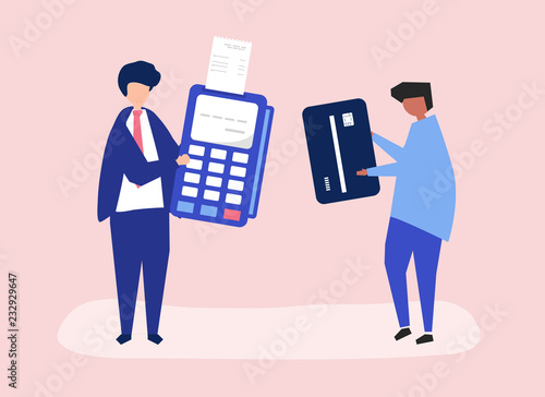 Characters of people making a credit card transaction illustration