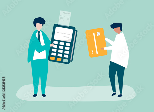 Characters of people making a credit card transaction illustration